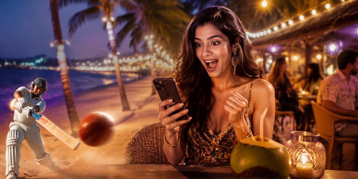 Sunset cricket betting scene on Goa beach with lively crowd